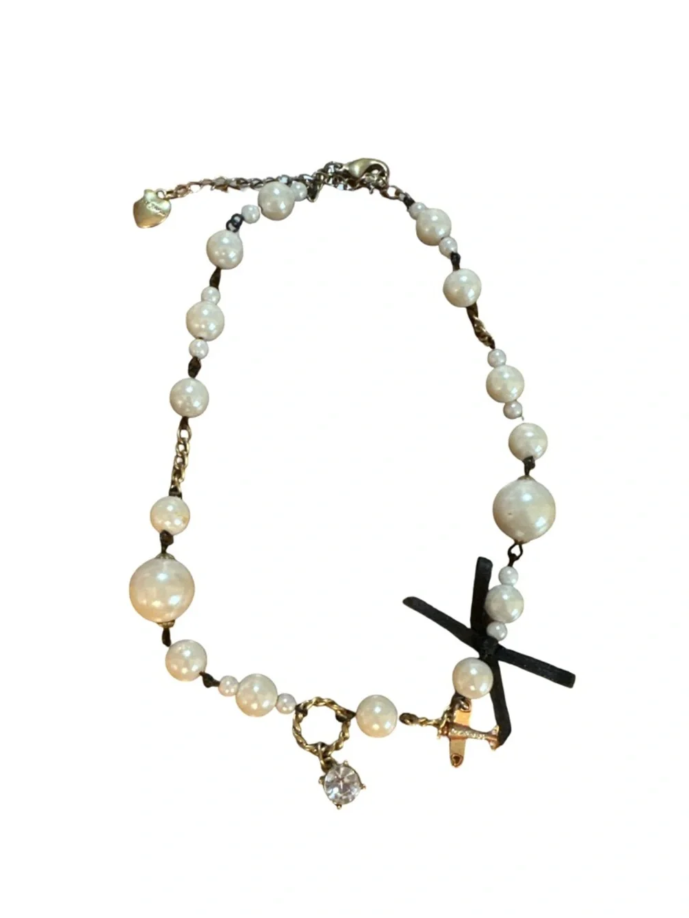 Betsey Johnson Vintage Pearl Charm Necklace Gold Tone Statement